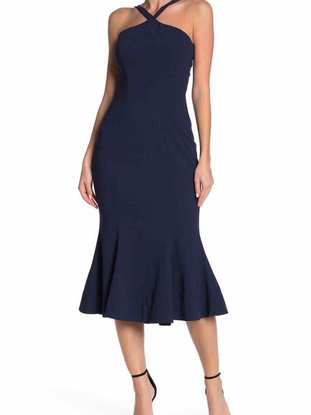 Dress the Population Brandy Crepe Navy Cross-Strap Midi Dress. NWT